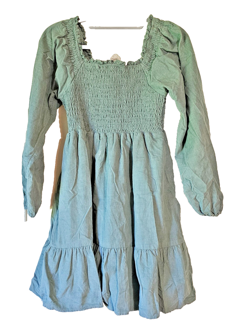 American Eagle Womens Small Green Smocked Tiered Mini Dress Puff Sleeve Cottage